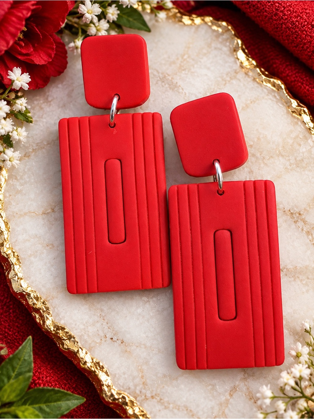 Red Statement Drop Earrings - Women Accessories